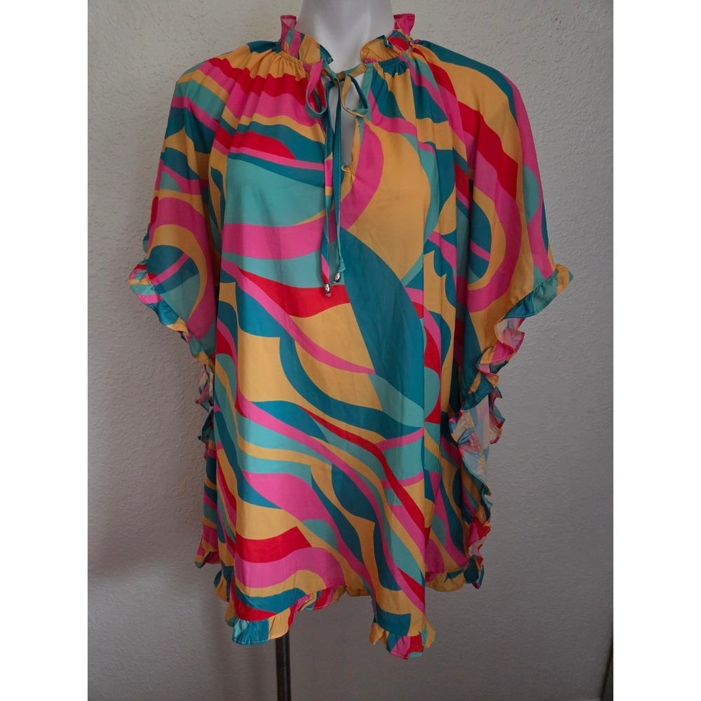 Entro Psychedelic Abstract‎ Ruffle Poncho Blouse S/M Multi Color Tie Neck Top